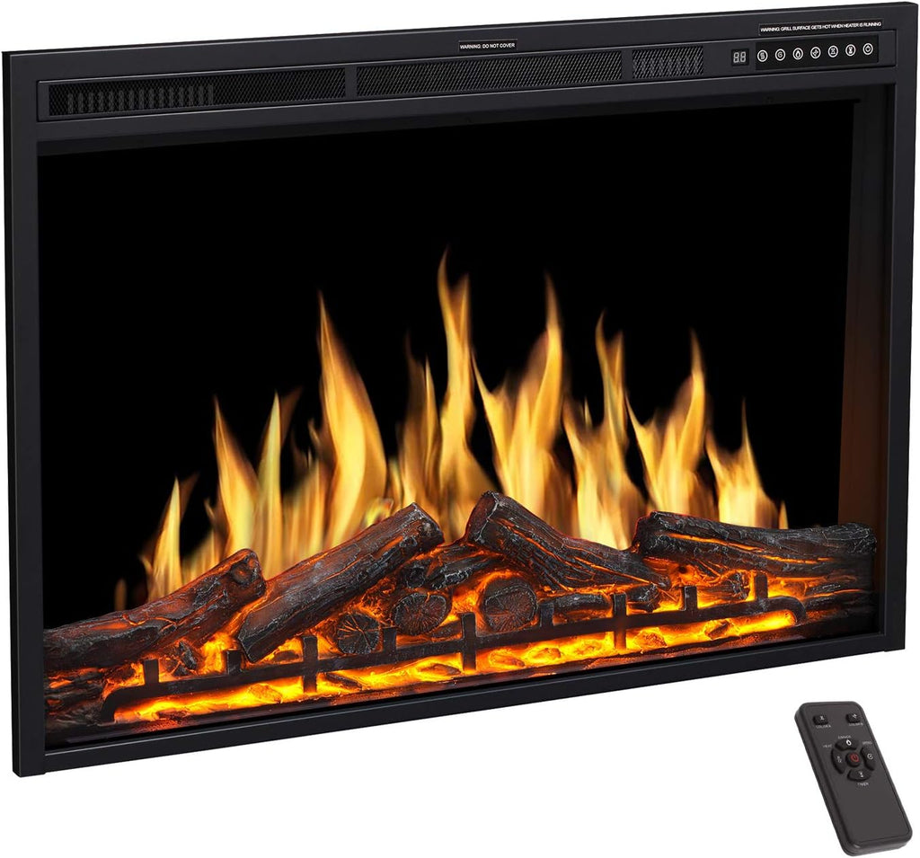 36" Electric Fireplace Insert, Realistic Log Recessed Electric Stove Heater, 4 Color Adjustable Flames, 8 H Timer, 5