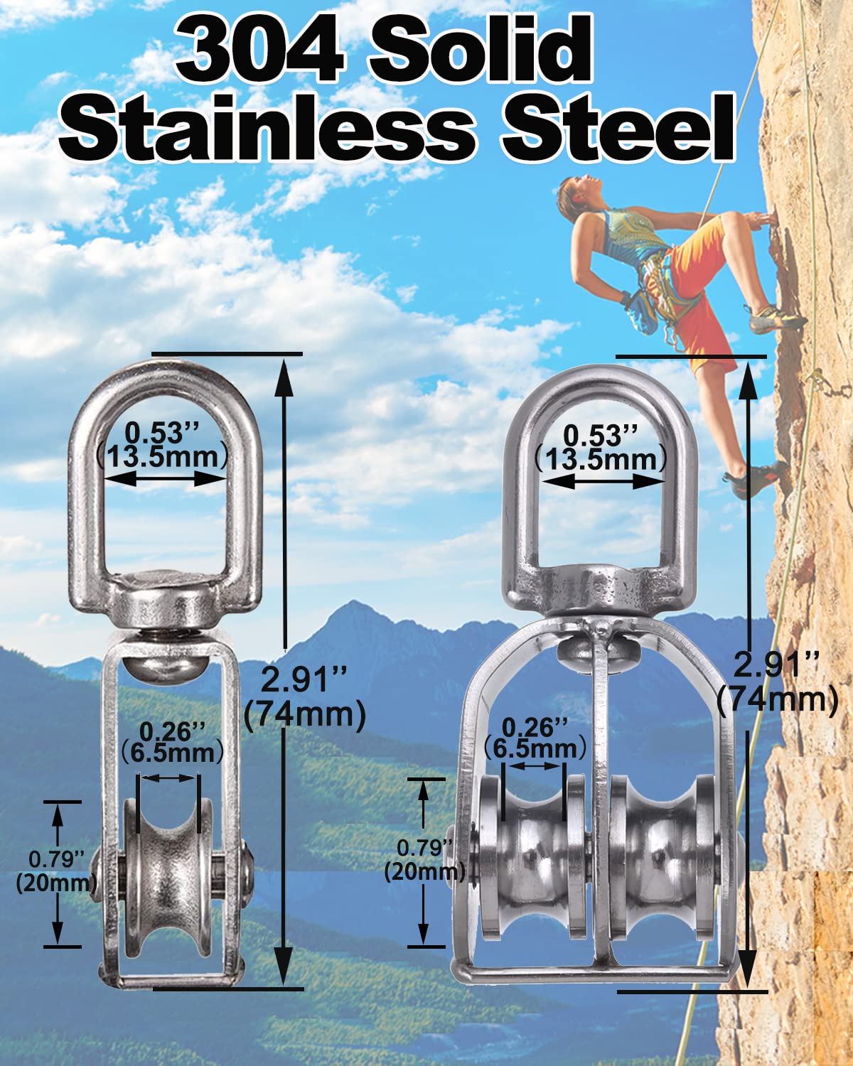 Rocaris 4 Pack M20 Pulley Block, 2 Pcs Single Pulley & 2 Pcs Double Pulley