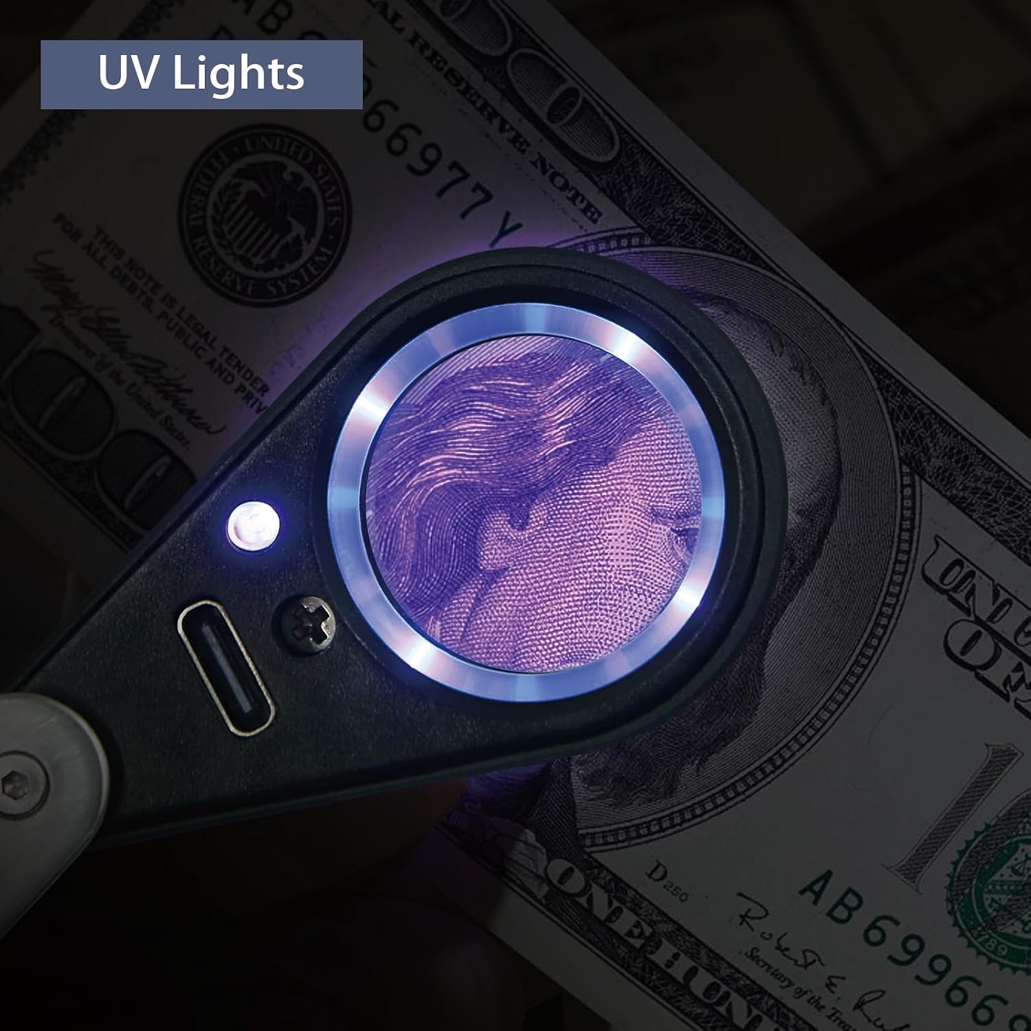 10X Rechargeable Jewelers Loupe with UV & LED Lights, Four Light Modes, Illuminated 22mm Eye Loop Magnifier Pocket