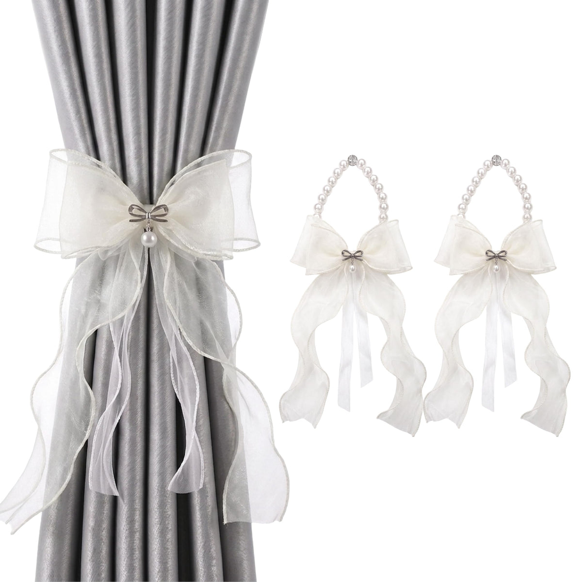 Pearl Bow Magnetic Curtain Tiebacks for Home Decor (2, White)