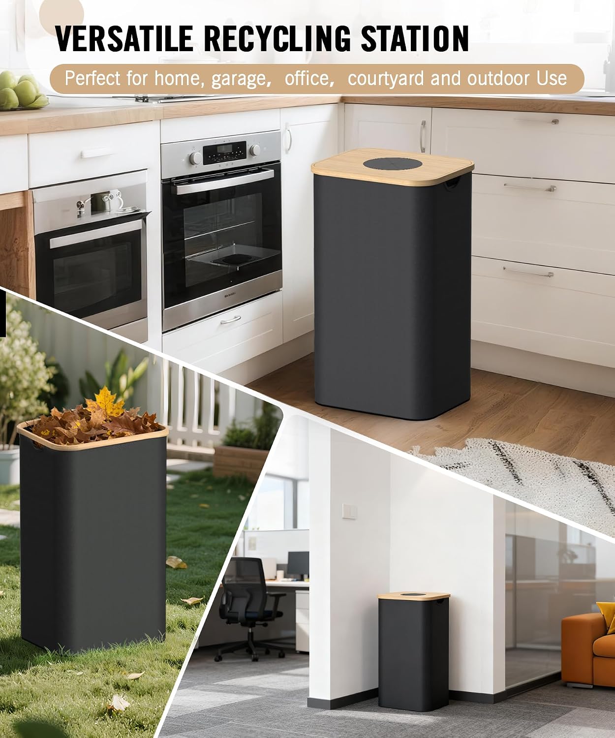 26 Gallon (100L) Recycling Bins for Kitchen with Bamboo lid, Black | with 2pcs Removeable and Reusable Inner Bags