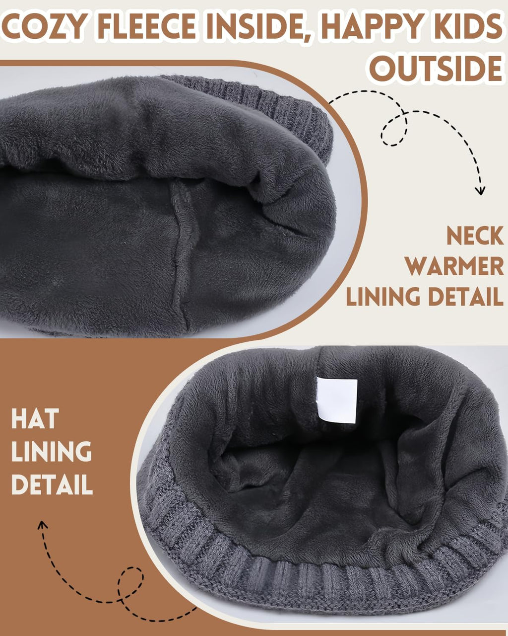 Kids Winter Beanie Hat Scarf Gloves Set 4-10Y, Knit Hat With Earmuffs Neck Gaiter Fleece Lined Touchscreen Gloves