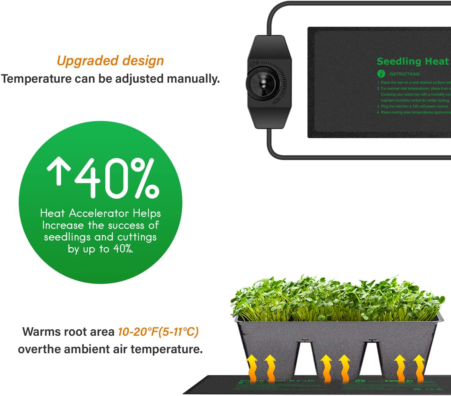 3" x 20" Seeding Heat Mat with Thermostat Temperature Adjustable Knob Durable Warm Hydroponic Plant Germination