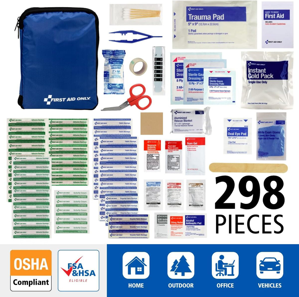 298 Piece All-Purpose Emergency First Aid Kit for Home, Office, Car, Apartment, Dorm, and Camping, Travel-Friendly