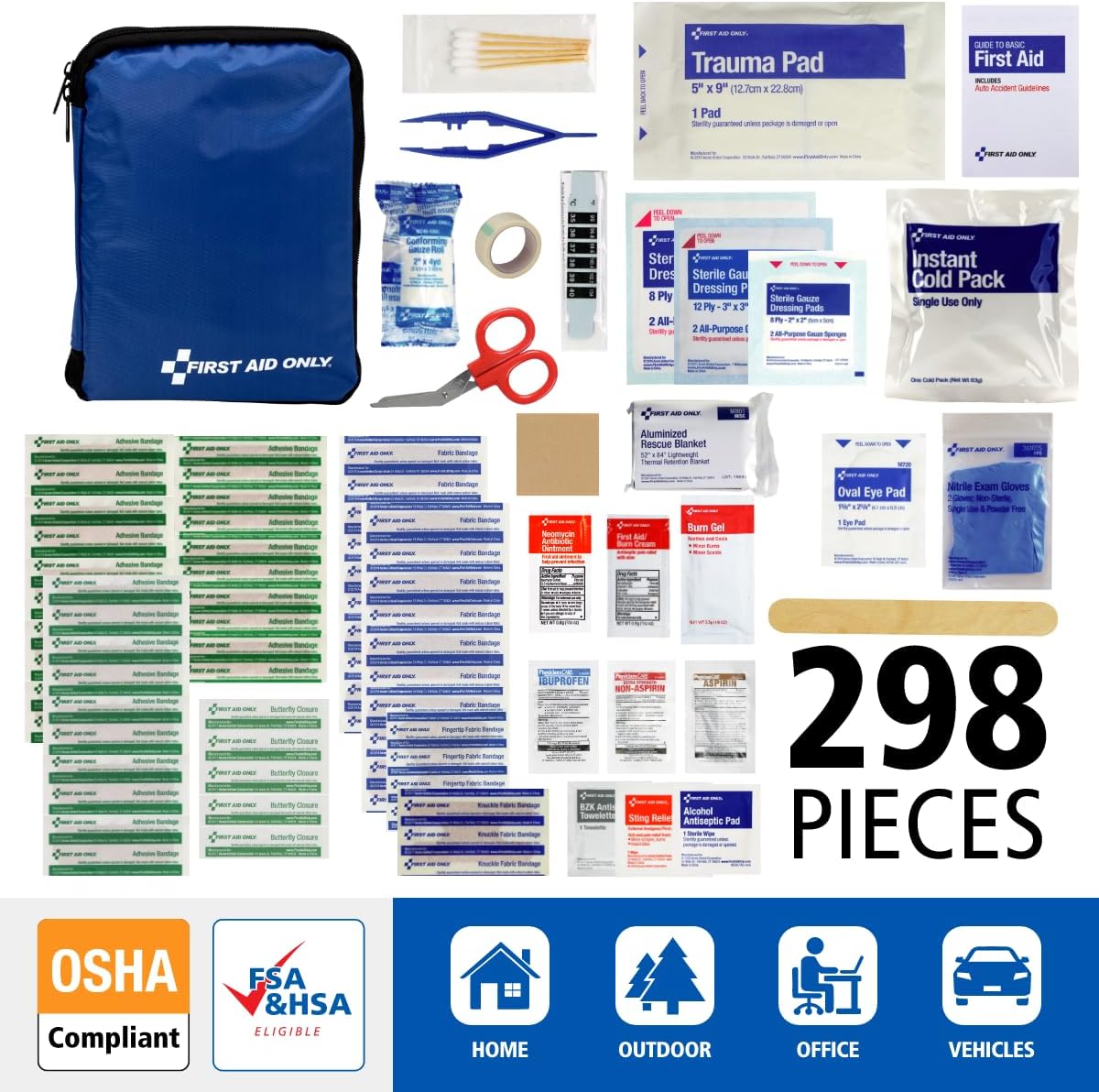 298 Piece All-Purpose Emergency First Aid Kit for Home, Office, Car, Apartment, Dorm, and Camping, Travel-Friendly