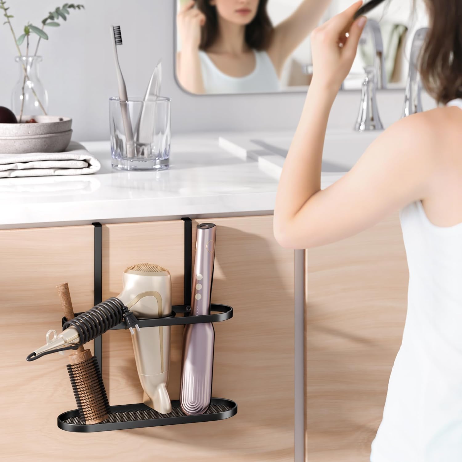 3-in-1 Hair Tool Organizer Holder for Dryer, Straightener & Curling Iron - Multi-Placement Design Mounts on Cabinet