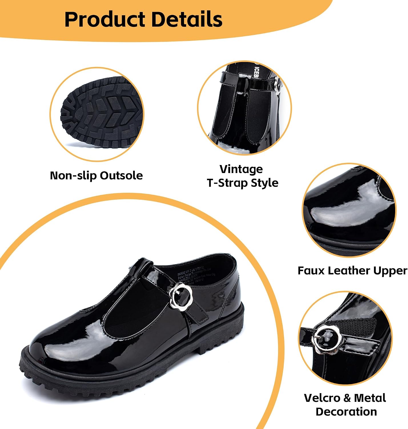Girls School Uniform Shoes Mary Jane Flats,Low Heel Princess Hook and Loop Dress Shoes for School Party