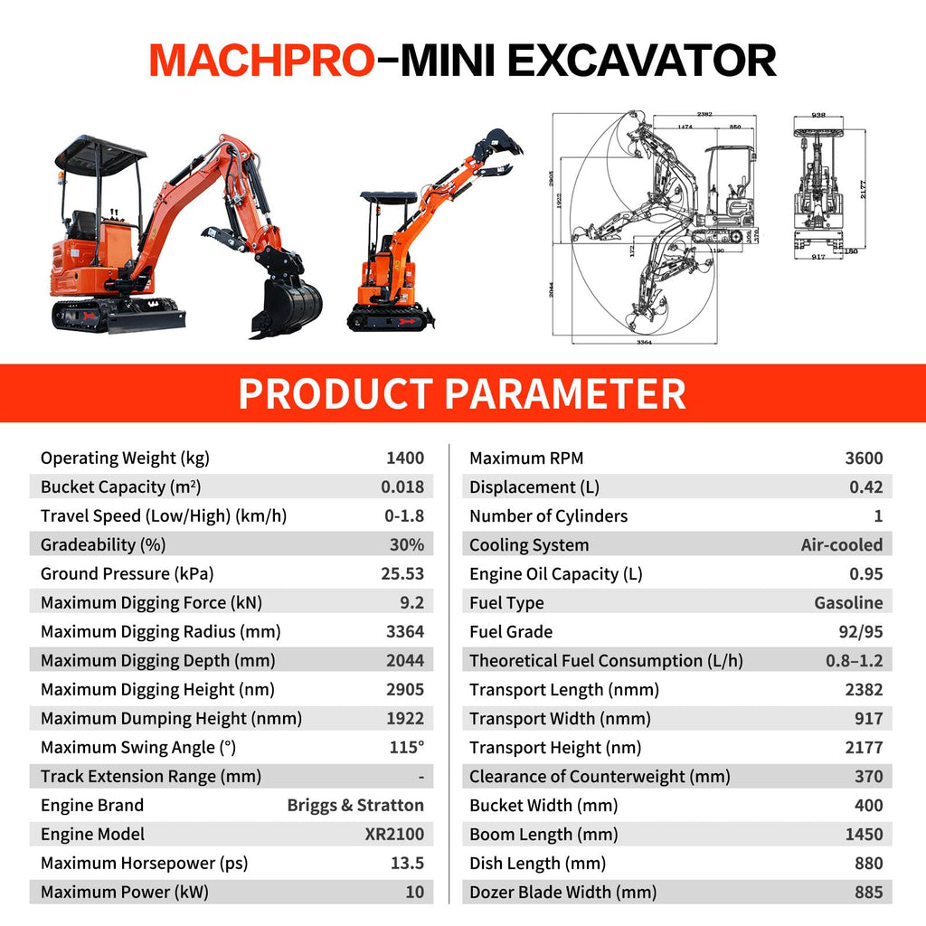 ATT319CB,1.4 Ton Mini Excavator w/13.5HP B&S Gas Engine, Pilot Controls