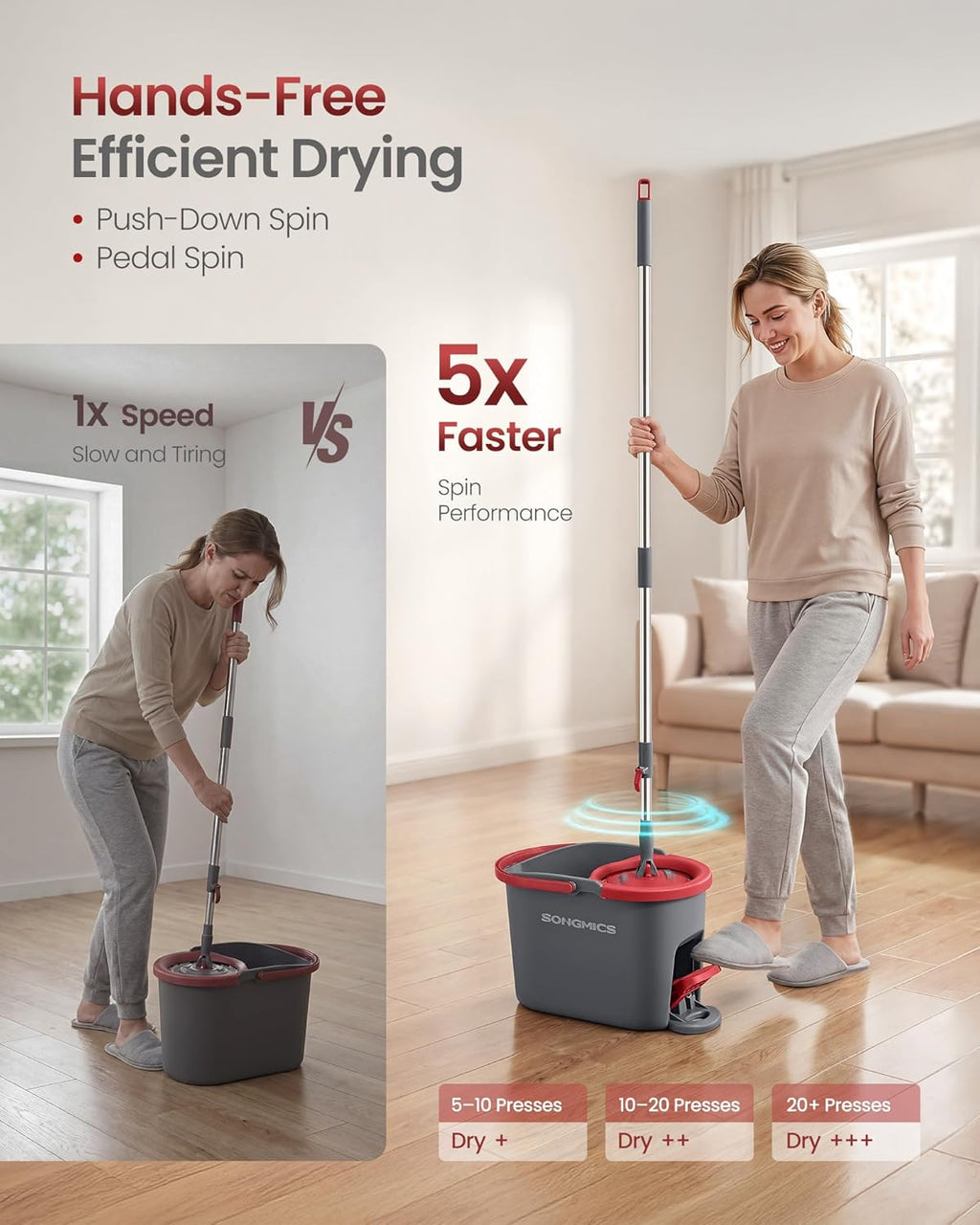 Spin Mop and Bucket Set with Pedal Wringer, Floor Cleaning Mop, Adjustable Telescopic Handle, Max. 59.1-Inch Length