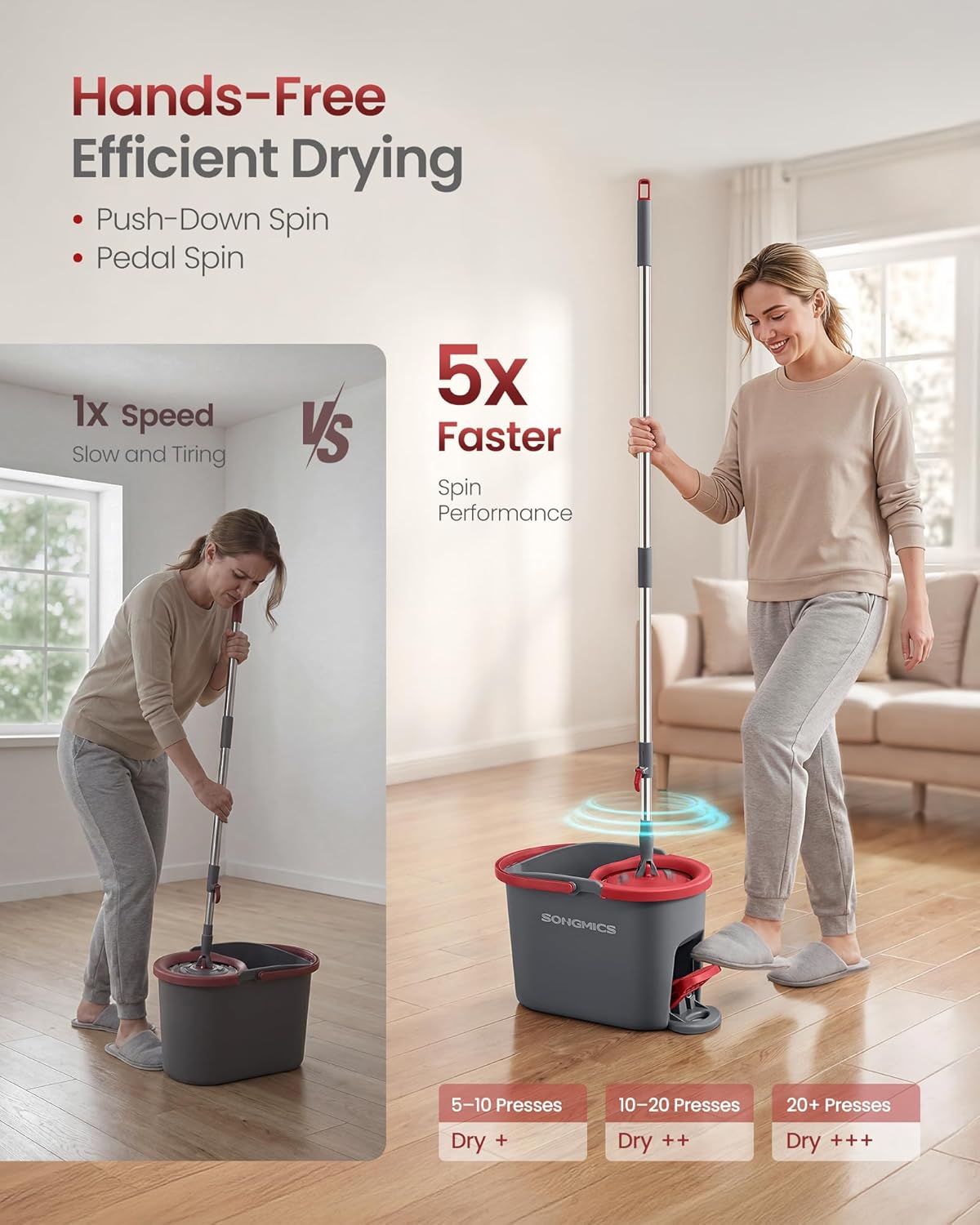 Spin Mop and Bucket Set with Pedal Wringer, Floor Cleaning Mop, Adjustable Telescopic Handle, Max. 59.1-Inch Length