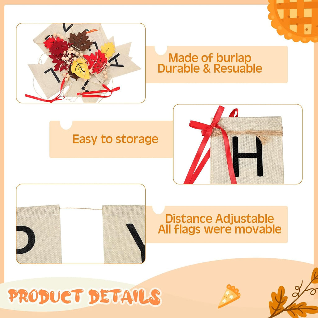 13 Pcs Fall Decorations Set, Happy Fall Banner with Bow Accents, Maple Leaf Garland and 9 Felt Pumpkins, Autumn