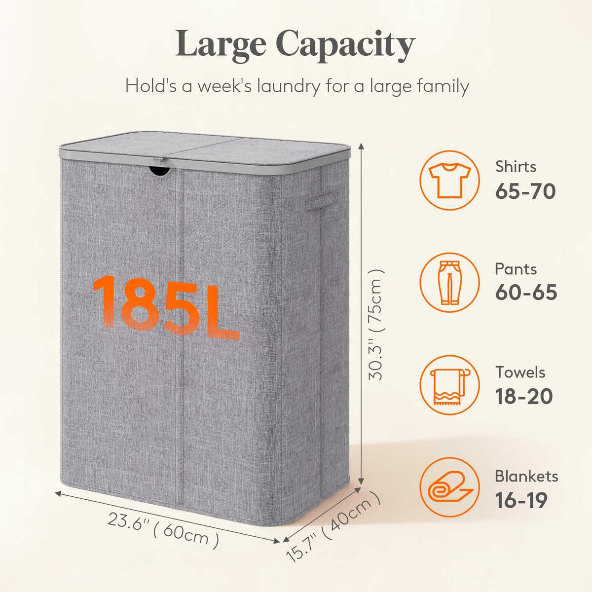 185L 3 Section Laundry Hamper with Lid, Laundry Basket, Light Gray