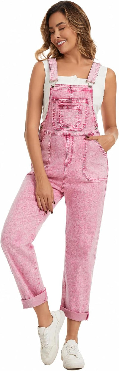 Women's Denim Overalls with Adjustable Straps Relaxed Fit Multiple Pockets Vintage Wash Stretchy Jean Overalls