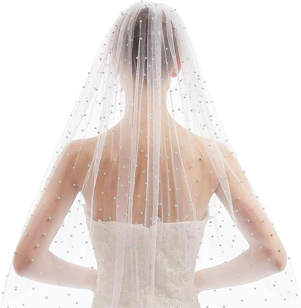 White Pearl Bride Veil Long Bridal Pearl Veils with Hair Comb Wedding Accessories for Women Girls White 1 Tier Long