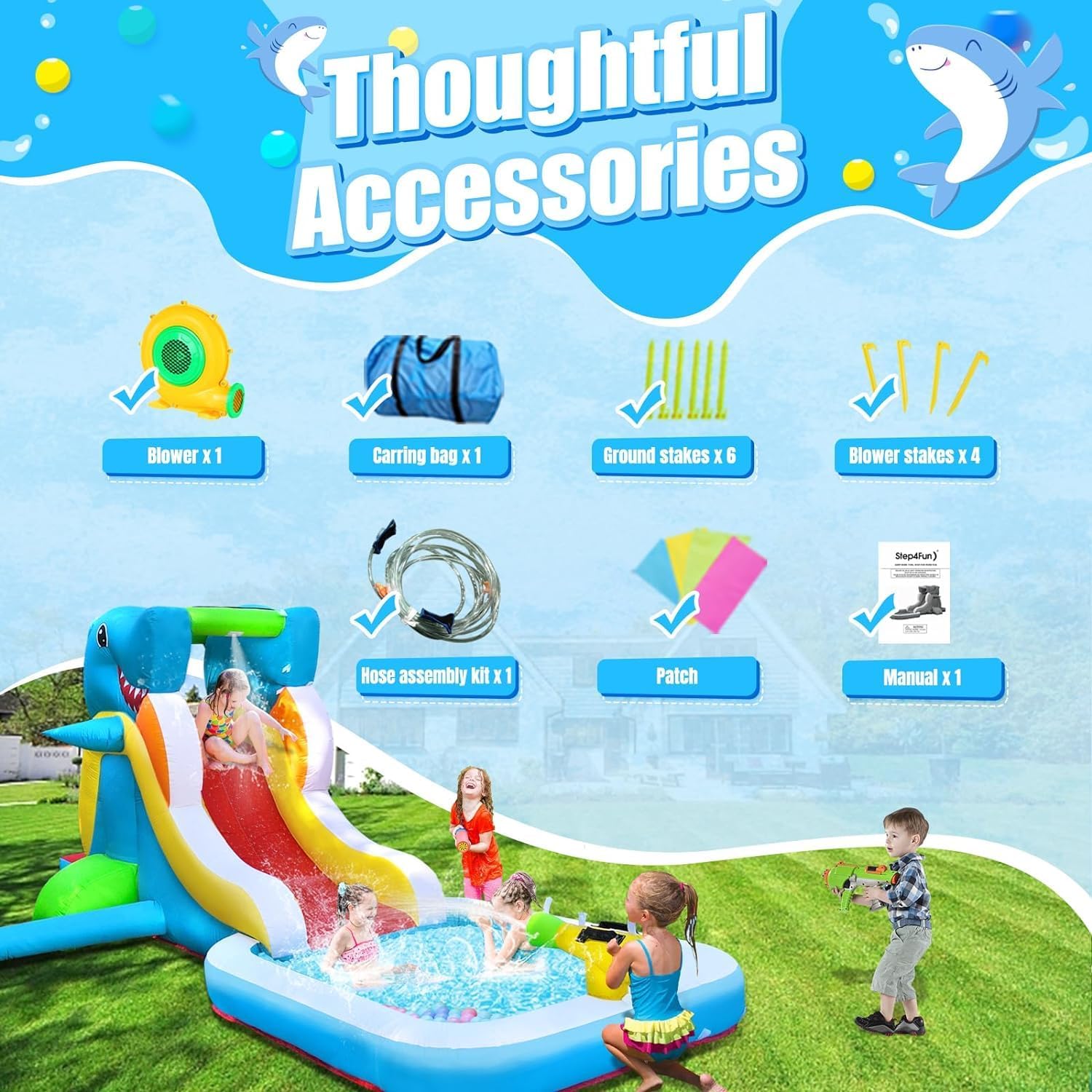 Inflatable Water Slide, Bounce House for Kids Backyard, Toddler Blow Up Bouncer with Air Blower, Splash Zone