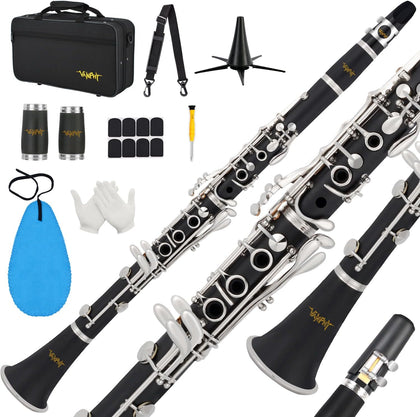 Bb Clarinet 17 Keys Flat B Clarinet for Beginners & Students Black | with Case,Stand,Strap,2 Barrels,8 Mouthpiece
