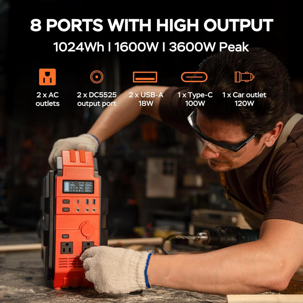 Portable Power Station 1600W (Peak 3200W), Built-in Solar Panel, 1024Wh LiFePO4 Battery, 100W USB-C Fast Charge