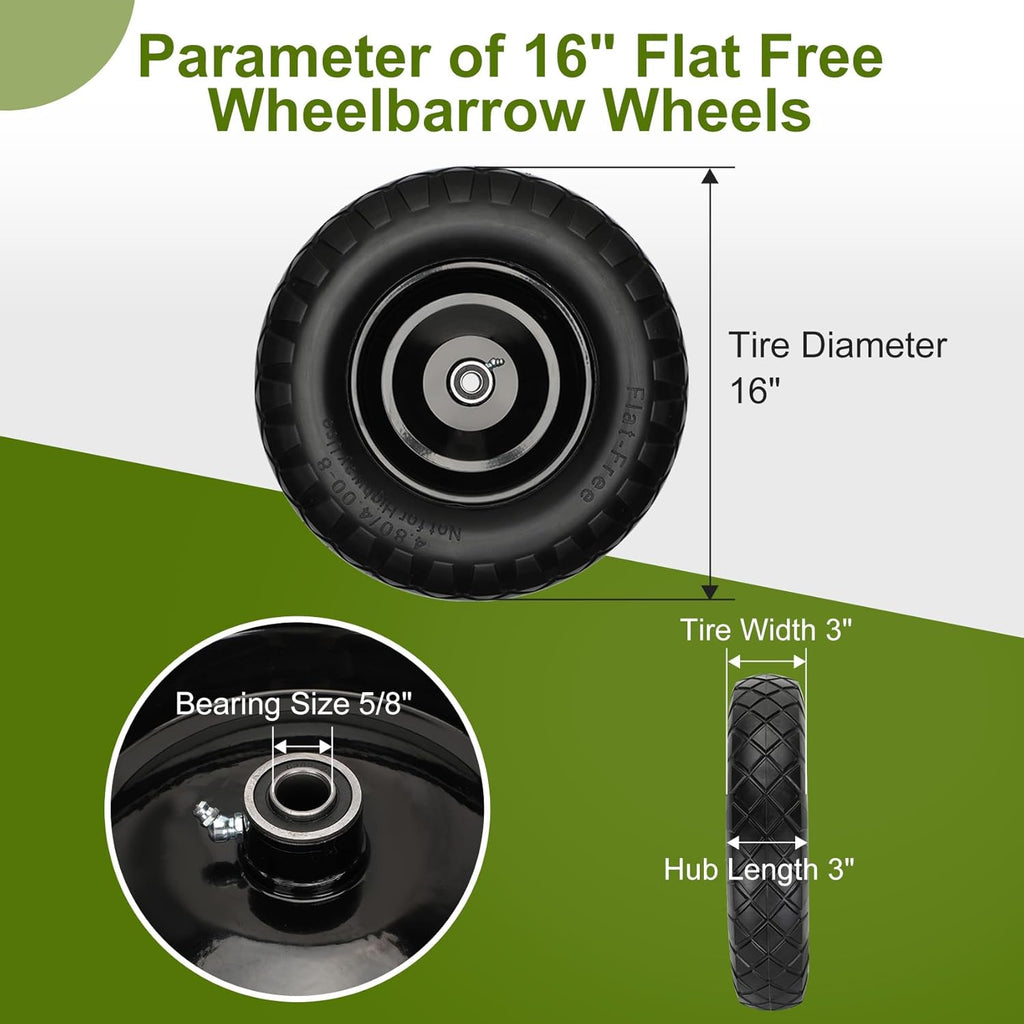 Upgraded 16" Flat Free Wheelbarrow Wheels and Tires, 4.80/4.00-8 Solid Tires with 5/8" & 3/4" Bearings,14"-16"