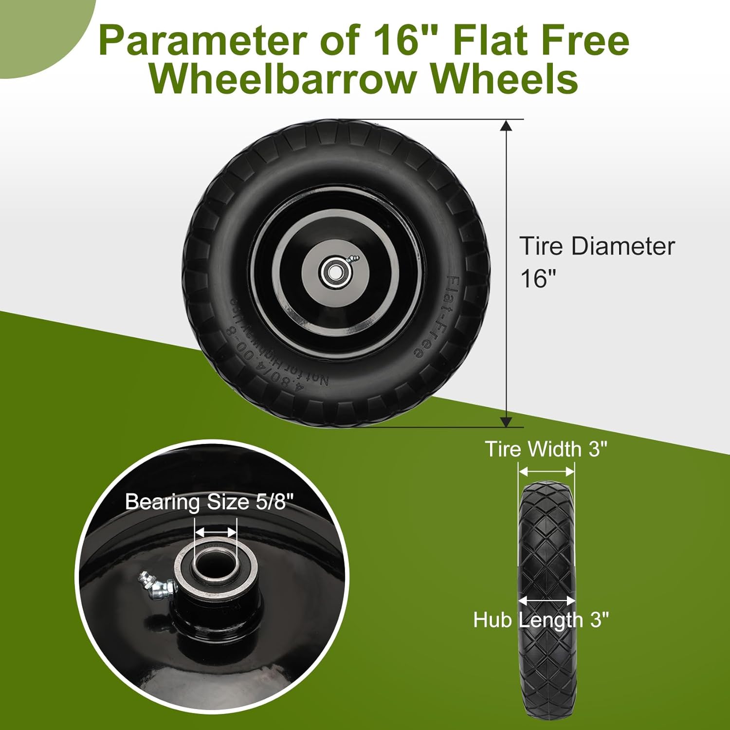 Upgraded 16" Flat Free Wheelbarrow Wheels and Tires, 4.80/4.00-8 Solid Tires with 5/8" & 3/4" Bearings,14"-16"