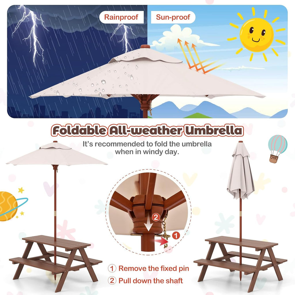 Kids Picnic Table, Toddler Outdoor Table & Bench Set, Wooden Children Patio Furniture with Folding Umbrella, Kids