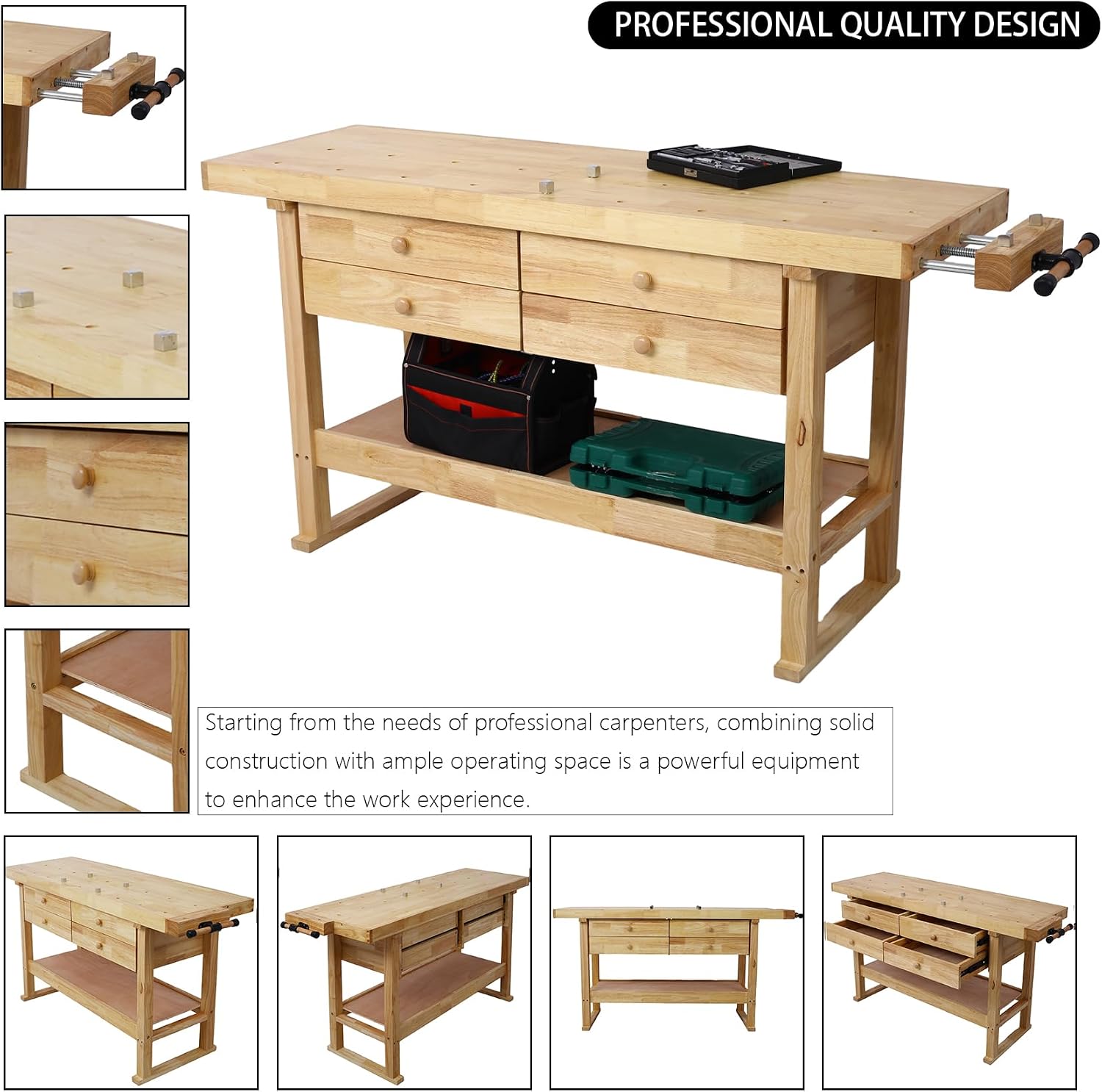 60 Inch Workbench with 4 Drawers & Storage Rack, Rubber Wood Top Work Table for Garage Workshop, Heavy Duty