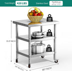 30" X 24" Stainless Steel Table with Wheels, 3 Shelves