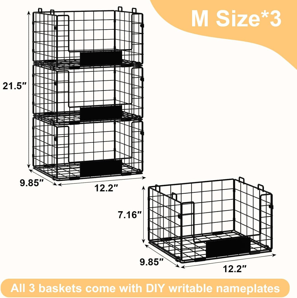 3 Pack Stackable Wire Baskets with NamePlates for Pantry Organizers and Storage, XL Fruit and Vegetable Basket, Metal