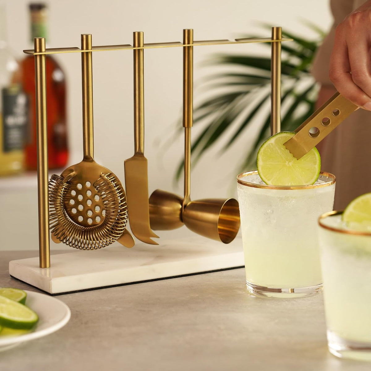 Bar Tool Set Includes Hawthorne Strainer, Citrus Knife, Ice Tongs, Double Jigger with Marble Display Stand for
