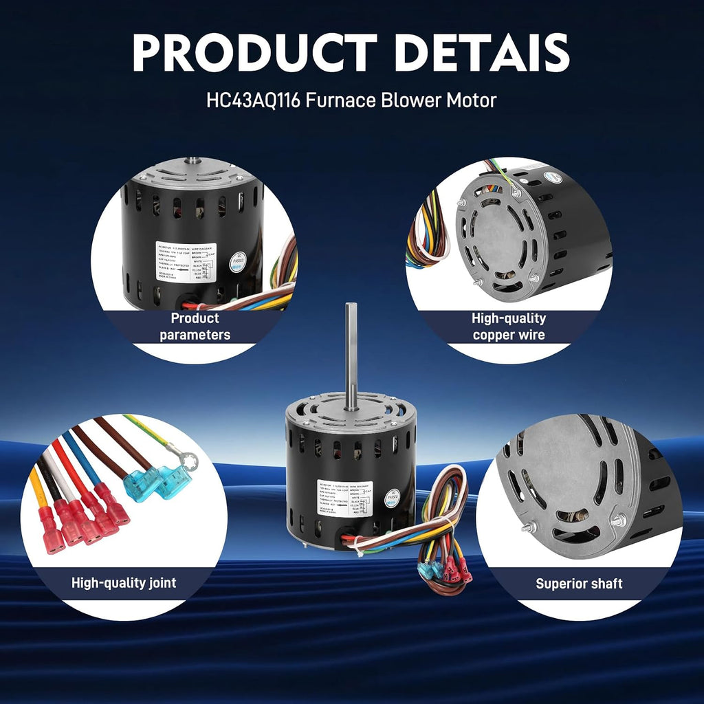 HC43AQ116 Furnace Blower Motor 115V 60Hz 1/2 HP Compatible with Carrier Bryant Payne GE Genteq,Fit for HC43AQ116 HC43AQ116A HC43AE116, HC43AE116A, Y7L623D52, 340MAV048060AHKA, 340MAV048080AJKA