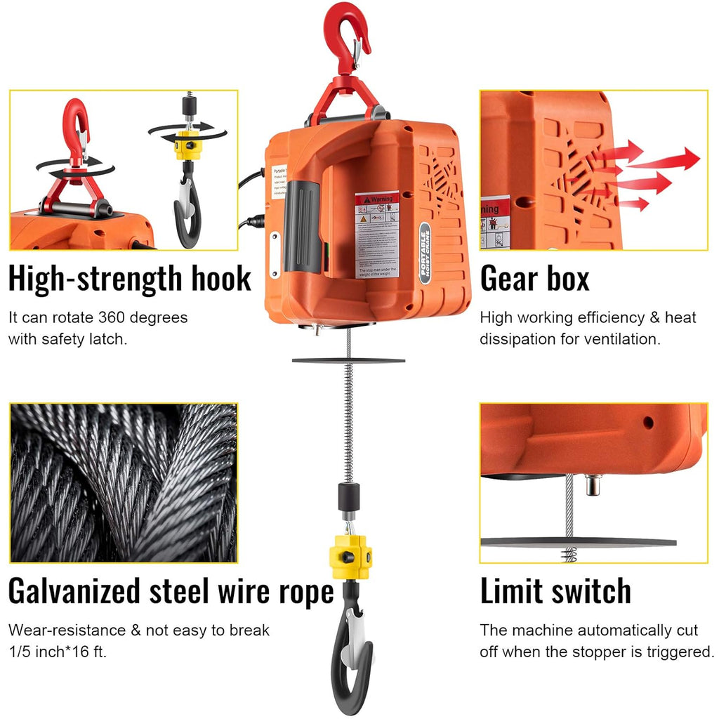 3in1 Electric Hoist Winch, 1500W Portable Electric Winch, 110V Power Winch Crane, 25ft Lifting Height, Overload