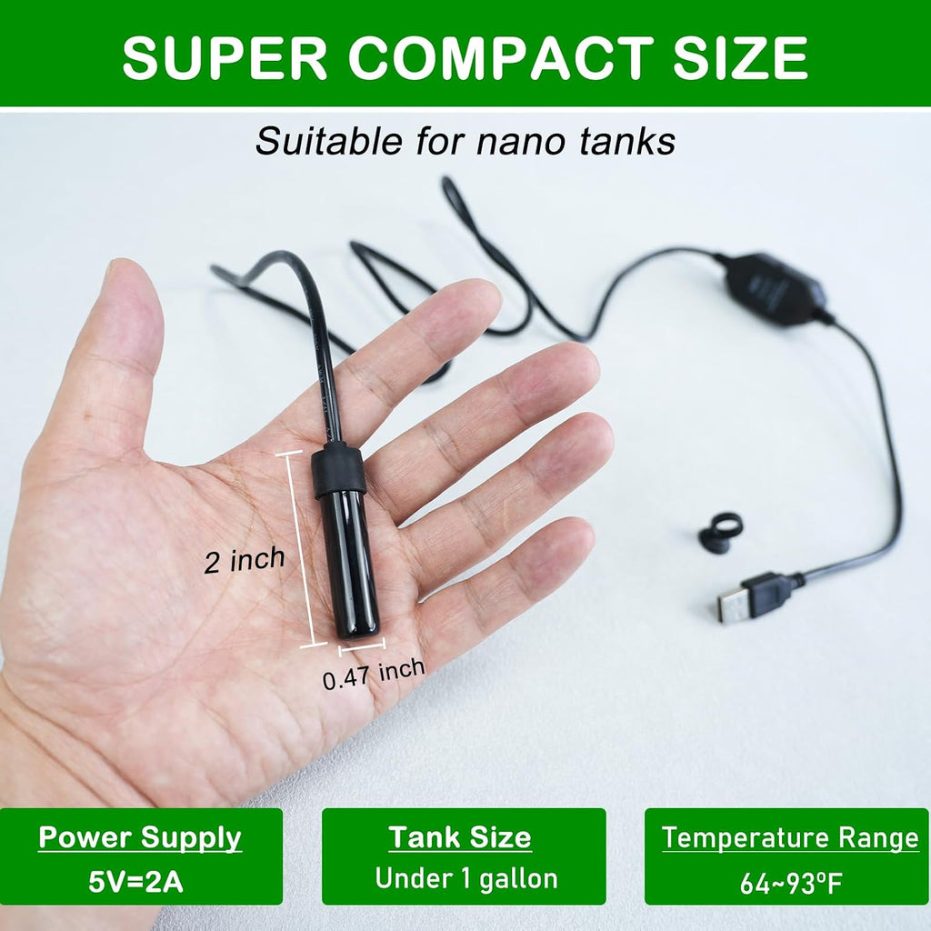 Shatter-Resistant Aquarium Heater, USB 10W Adjustable Mini Fish Tank Heater with External Temperature Controller