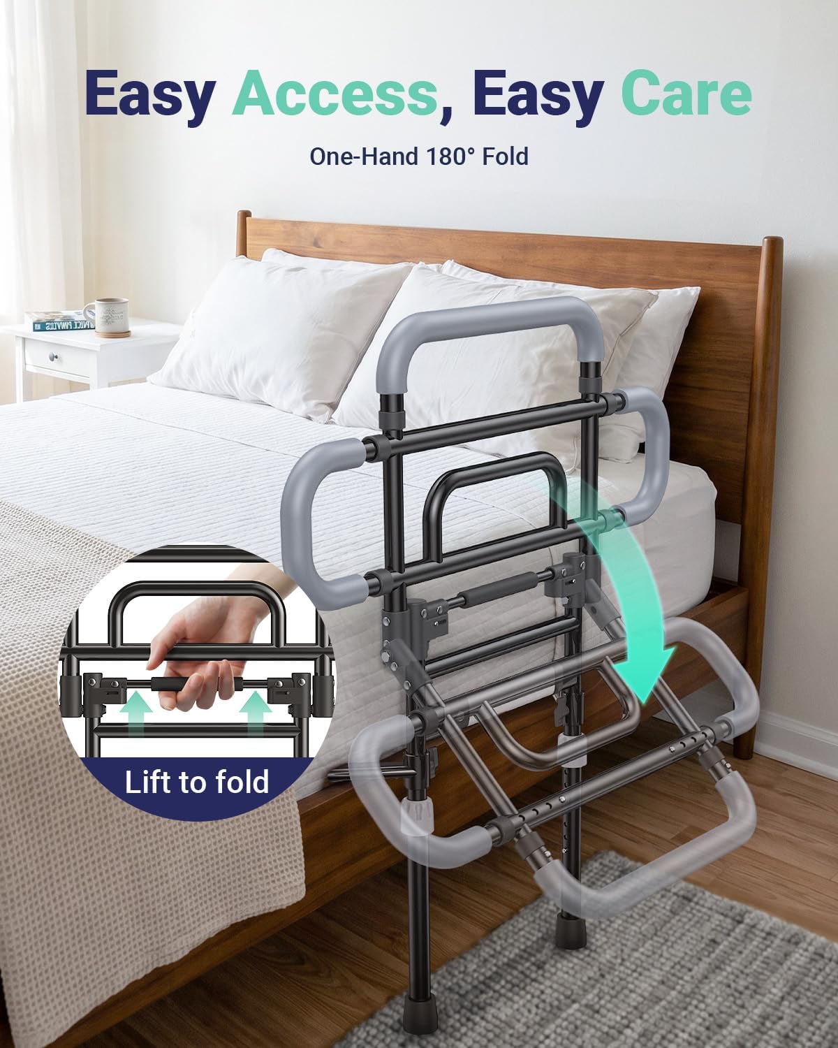 Bed Rails for Elderly Adults Safety, 180° Foldable Bed Rail with Adjustable Height & Width, 350lb Load, Extra-High