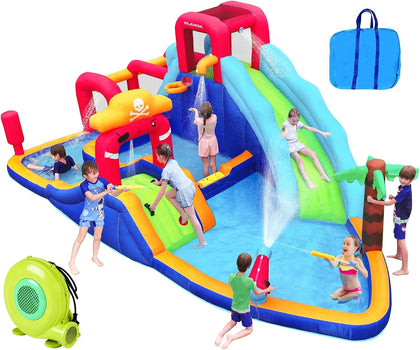 Inflatable Water Slide Bounce House, 10 in 1 Inflatable Water Park with Blower, 2 Slides & 2 Climbing Walls & 2 Water