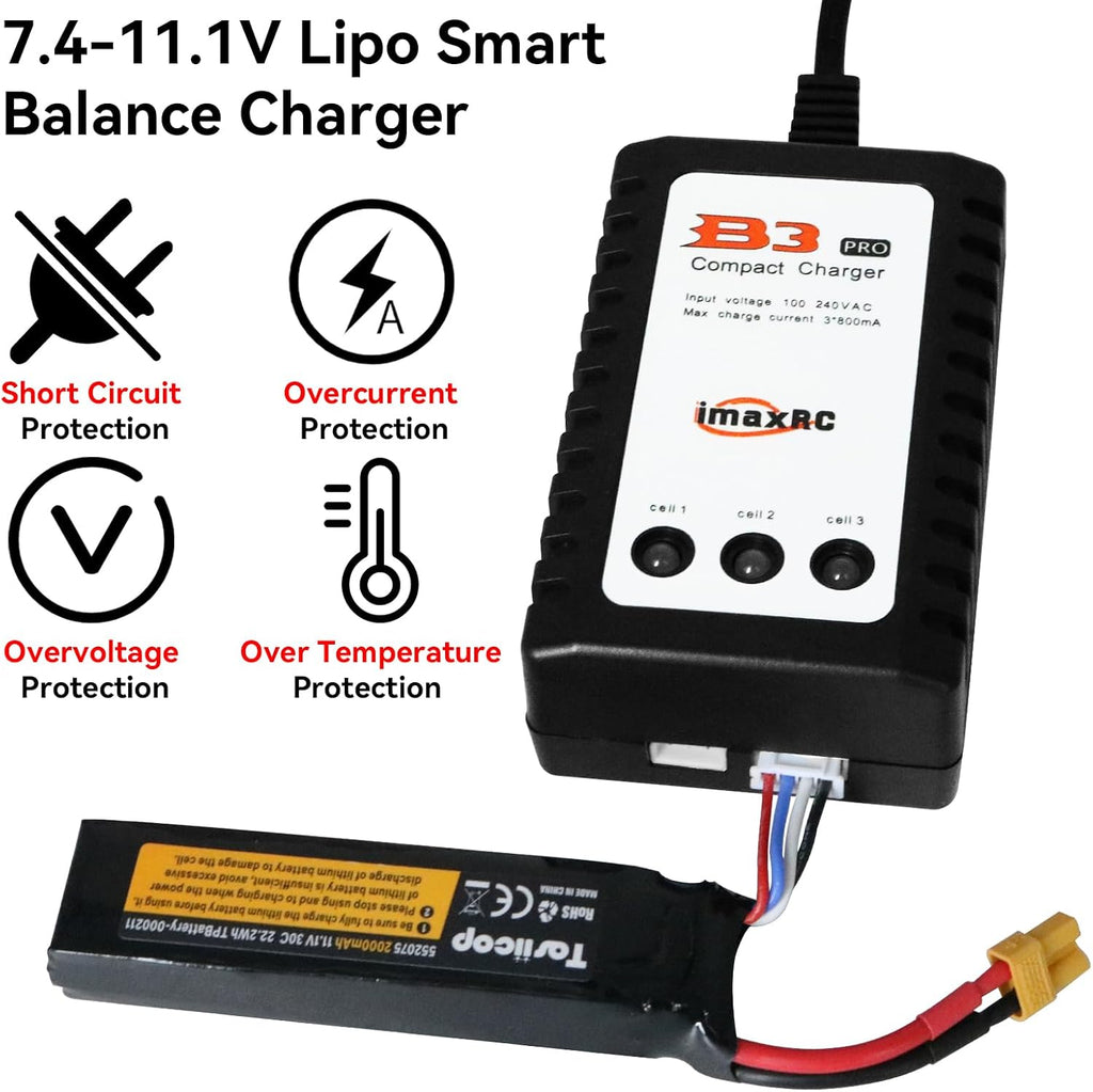 B3 Lipo Battery Charger - 2S 3S RC Balance Chargers AC 7.4-11.1V 10W with XH3P XH4P Plug for RC Car Batteries Drone