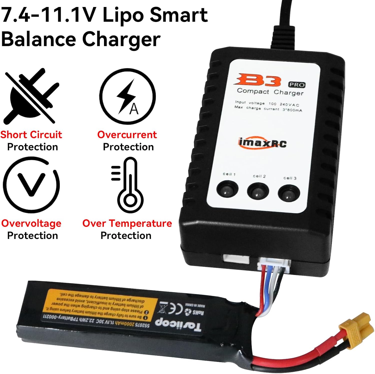 B3 Lipo Battery Charger - 2S 3S RC Balance Chargers AC 7.4-11.1V 10W with XH3P XH4P Plug for RC Car Batteries Drone