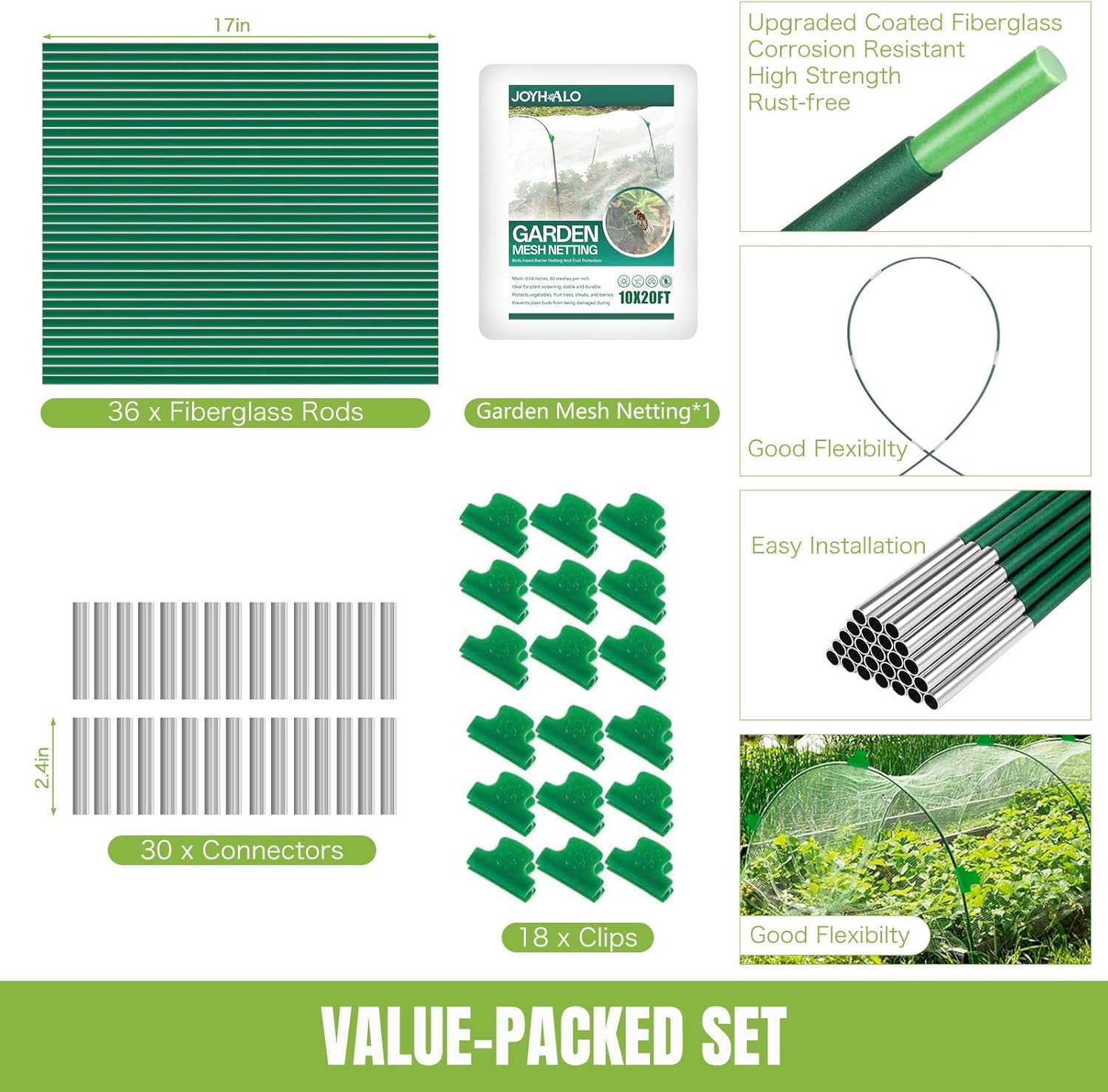 36pcs Garden Hoops for Raised Beds, Garden Mesh Netting Kit with 10x20 Ft Net, Bird & Cicada Netting for Trees