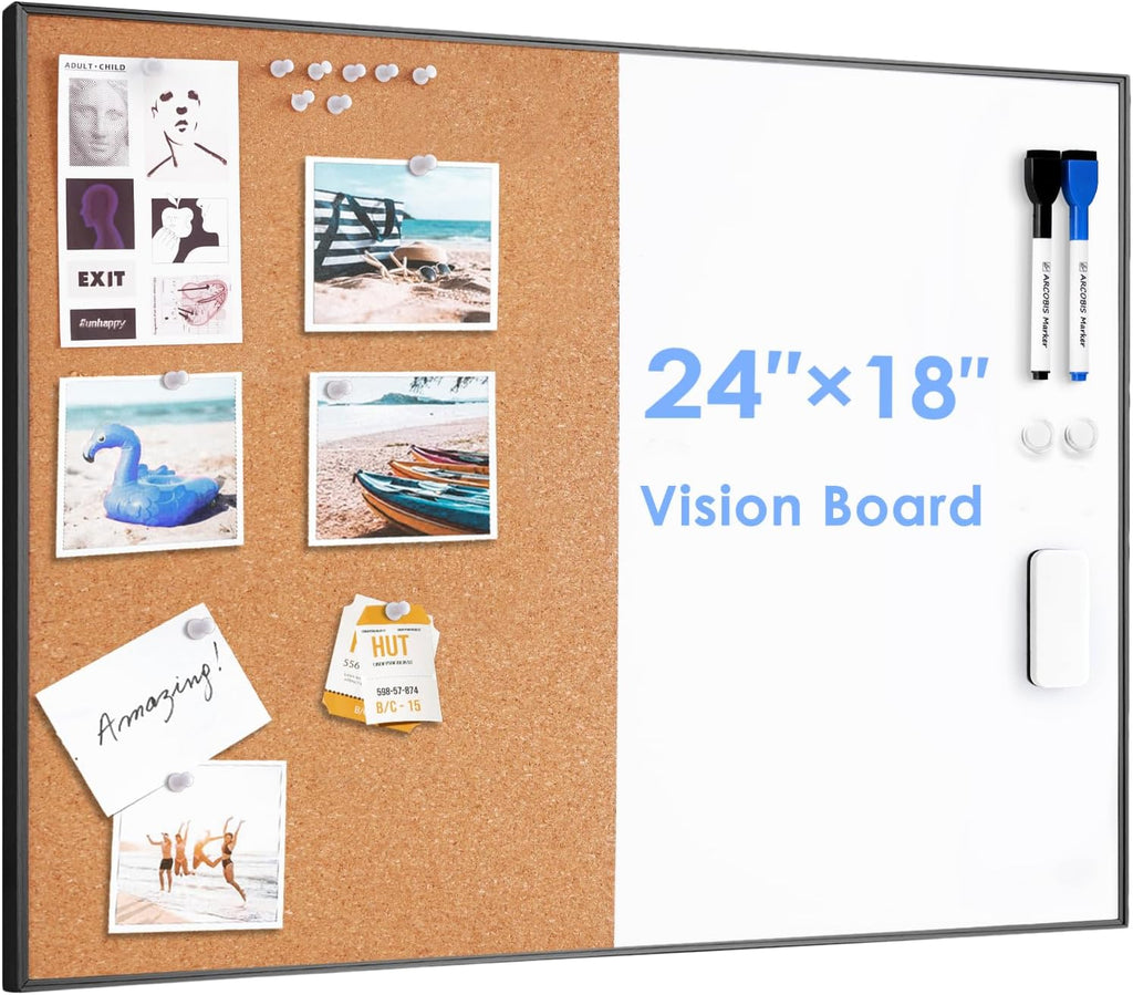 Cork Board White Board Combo, 24 x 18 Inch Bulletin Board, Magnetic Dry Erase Board & Corkboard for Wall, Vision