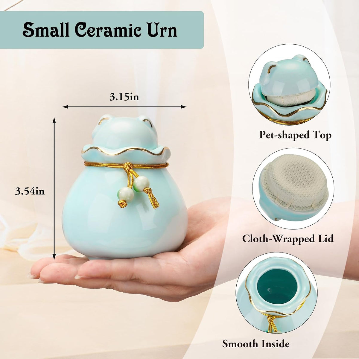 Pet Memorial Urn for Cat or Dog Ashes - 3.54"x3.15" Elegant Ceramic Keepsake with Pet-Shaped Lid & Gold Trim, Small