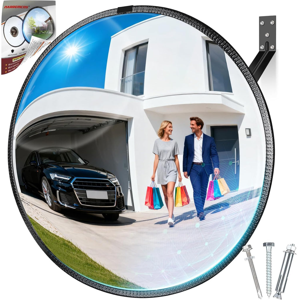 New Upgraded 22" HD Convex Mirror | 160° Adjustable Wide Angle View, Leather Frame & ABS Back, Traffic Mirror for