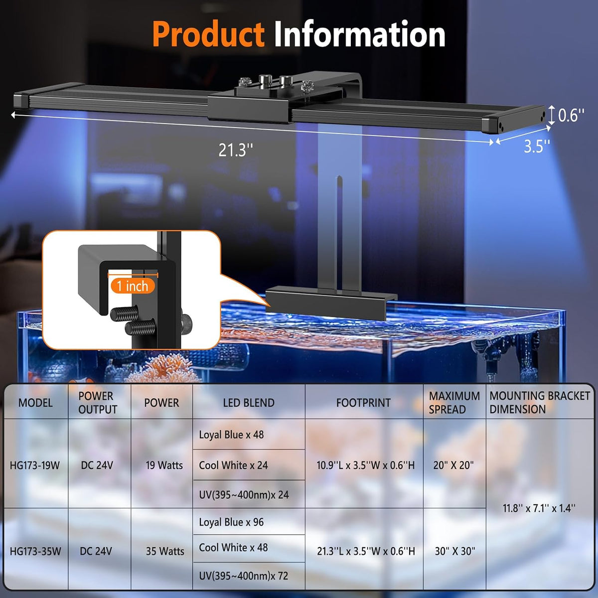 LED Saltwater Aquarium Light, 24/7 Mode Nano Tank Reef Light for Coral, Refugium Light with White, Blue, U-V LEDs