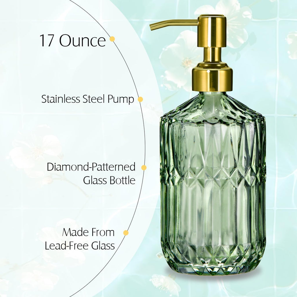 17 Oz Green Glass Kitchen Soap Dispenser for Dish Soap, 2 Pack Bathroom Soap Dispenser Set with Gold Rust Proof Pump