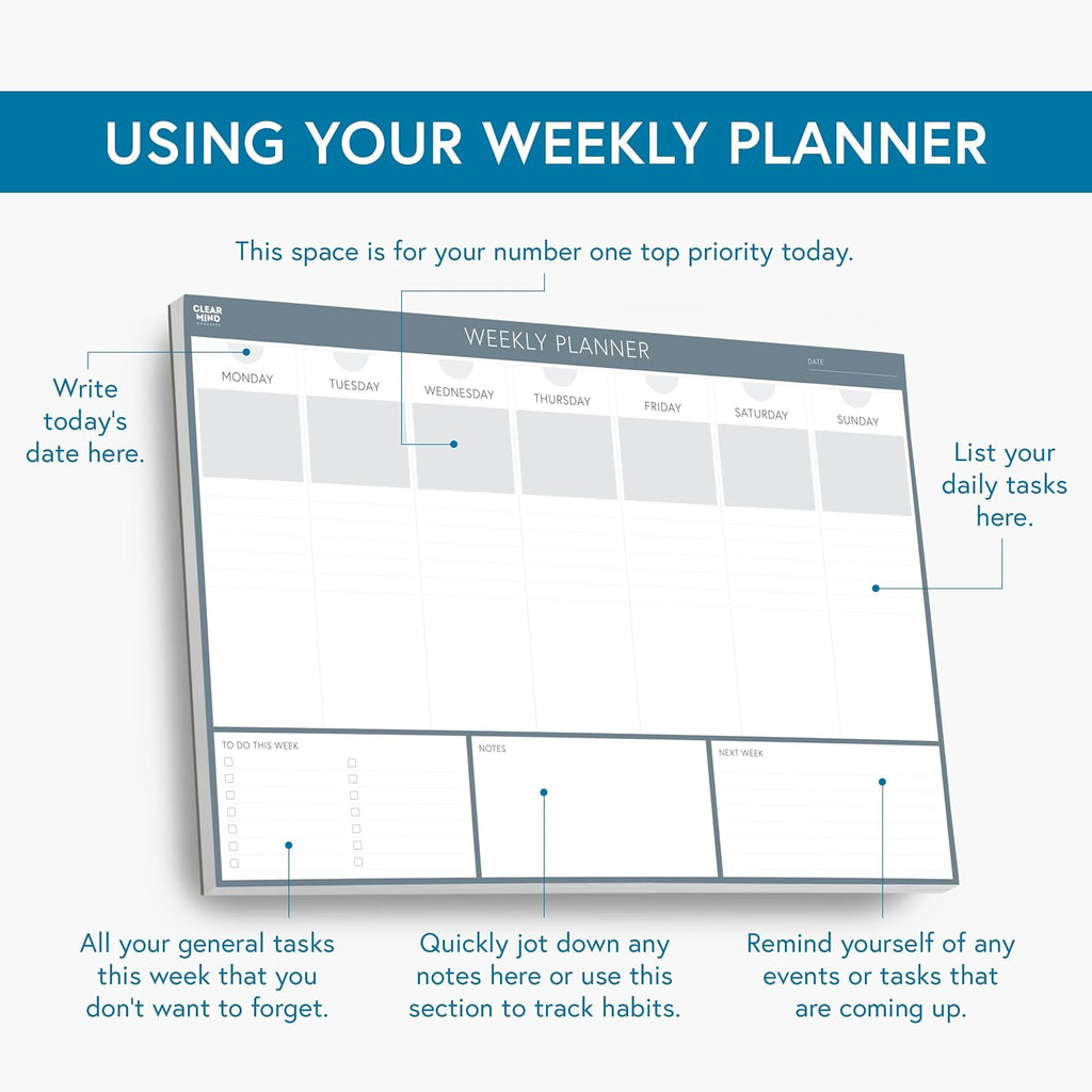 Weekly Desk Planner - Large 11.3” x 16.5” Tear-Off Pad, 52 Undated Sheets, Thick 120gsm No-Bleed Paper - To-Do List