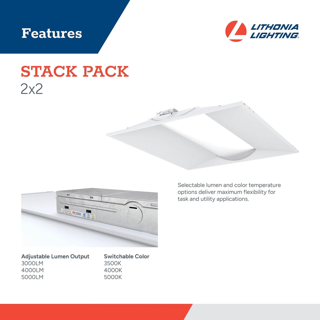 Lithonia Lighting Stack Switch 2x2 LED Troffer Light, Adj Brightness, 4-Pk
