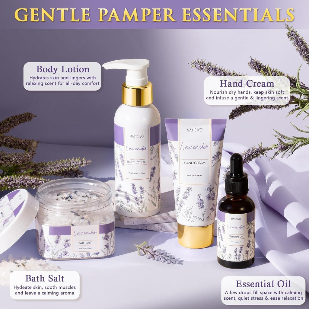 Mothers Day Birthday Gifts for Women, Lavender Relaxing Spa Gift Baskets for Women Self Care Package Bath Gift Set