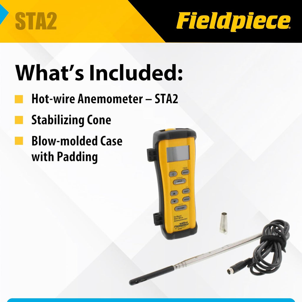 Fieldpiece STA2 in-Duct Hot Wire Anemometer for HVAC Airflow Measurement - CFM, Air Velocity & Temperature - 38" Telescoping Probe - Hands-Free Air Balancing Tool