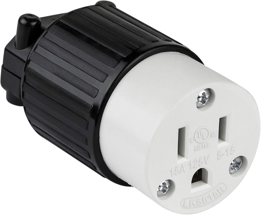 NEMA 5-15R Straight Blade Connector, Female Plug Replacement Cord Outlet, 15 Amp, 125 Volt, 2 Pole, 3 Wire Grounding