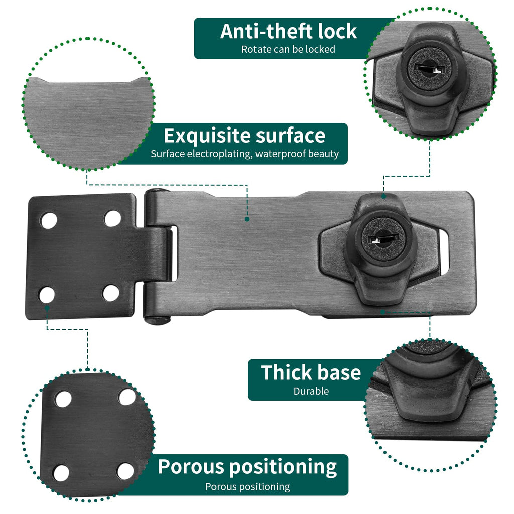 4 Inch Keyed Hasp Locks, Shiny Black, 2PCS