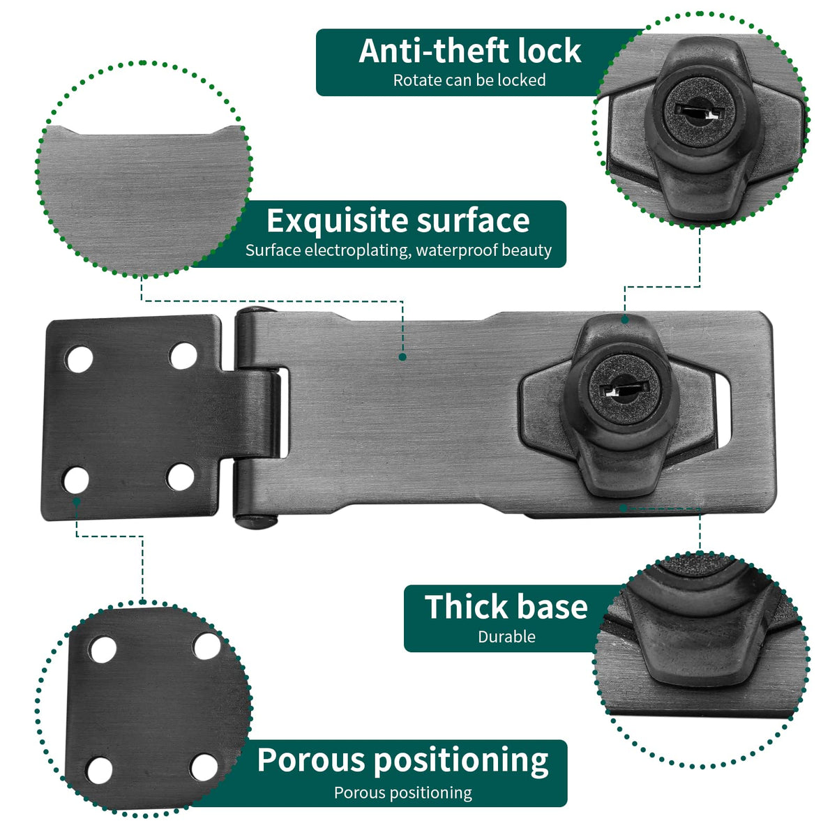 4 Inch Keyed Hasp Locks, Shiny Black, 2PCS