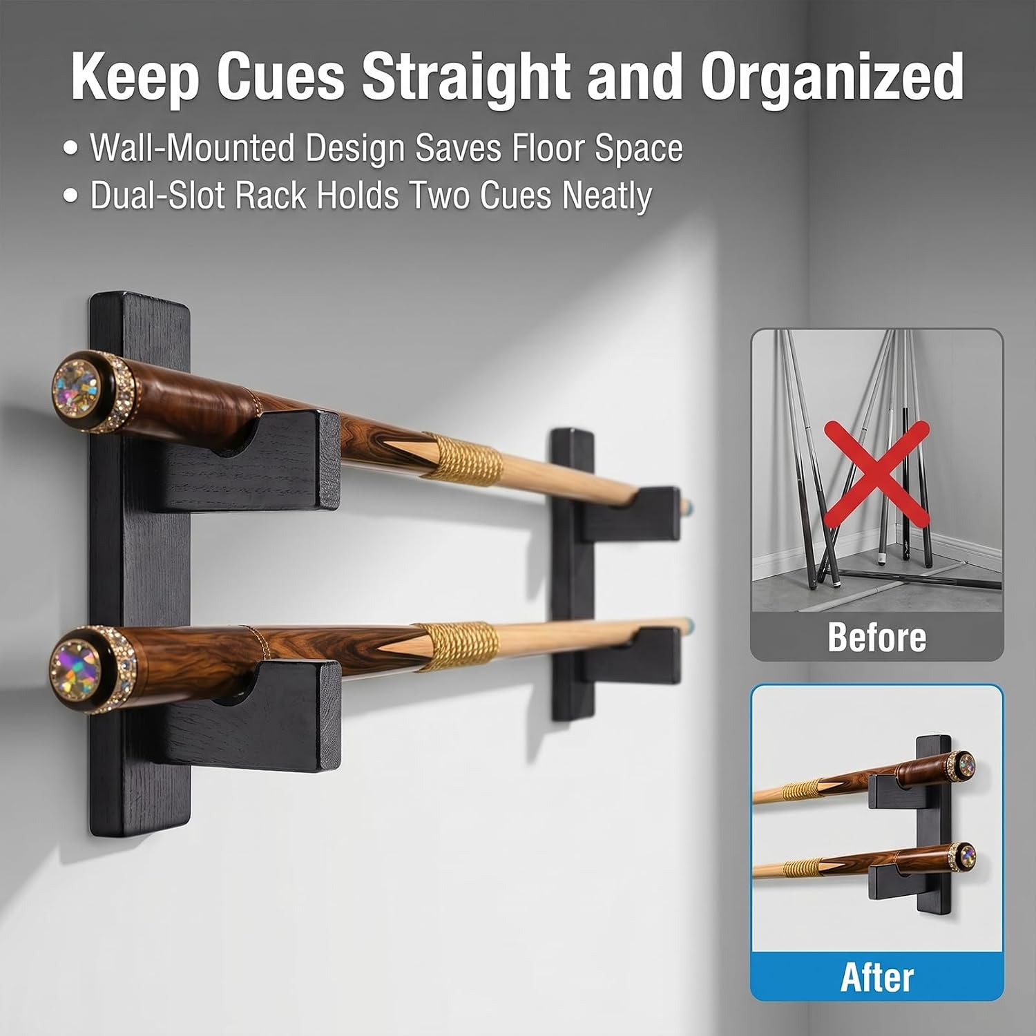 Pool Stick Holder Wall Mount Pool Stick Rack Billiard Cue Racks | Solid wood, horizontal display and storage of 2