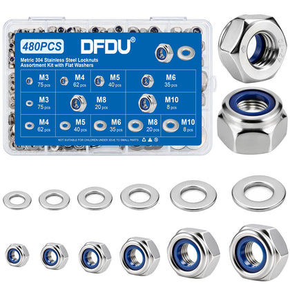 Metric Lock Nut Flat Washers Kit 480Pcs Stainless Steel Nylock Locknut